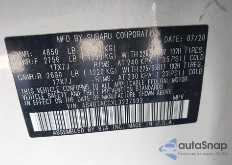 2020 Subaru Outback Premium from USA, damaged, VIN 4S4BTACCXL3237993